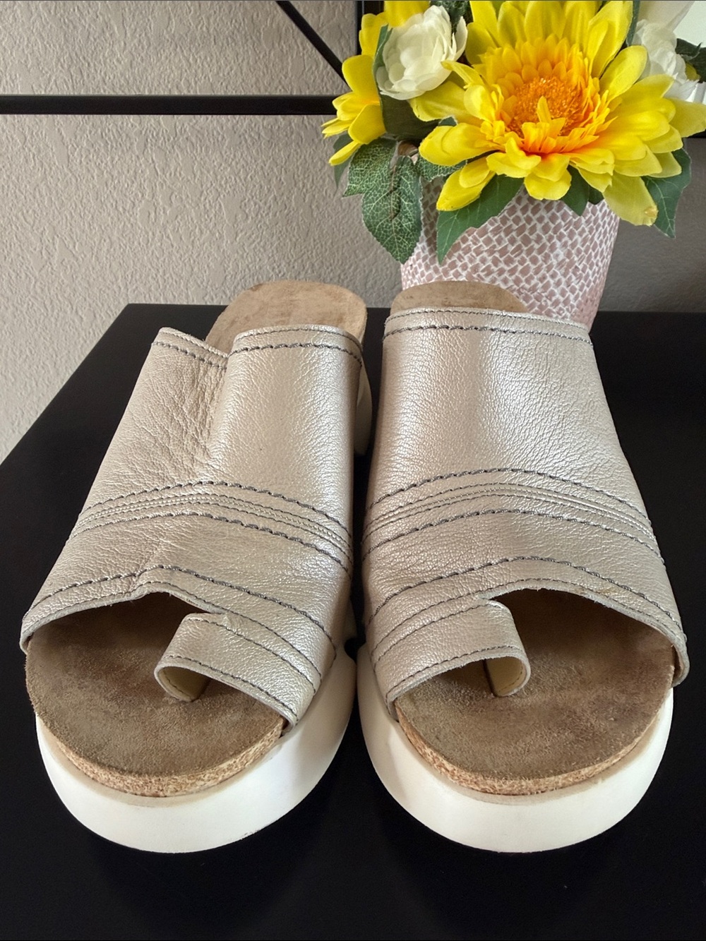 Fly London Metallic Taupe Slide Mules with White Sole - Picture 7 of 14